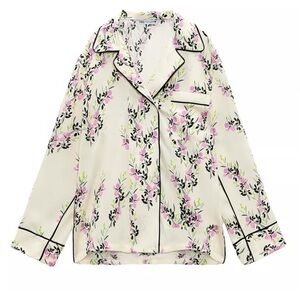 Zara Ecru Printed Piped Shirt Button Up Floral Blouse Women’s